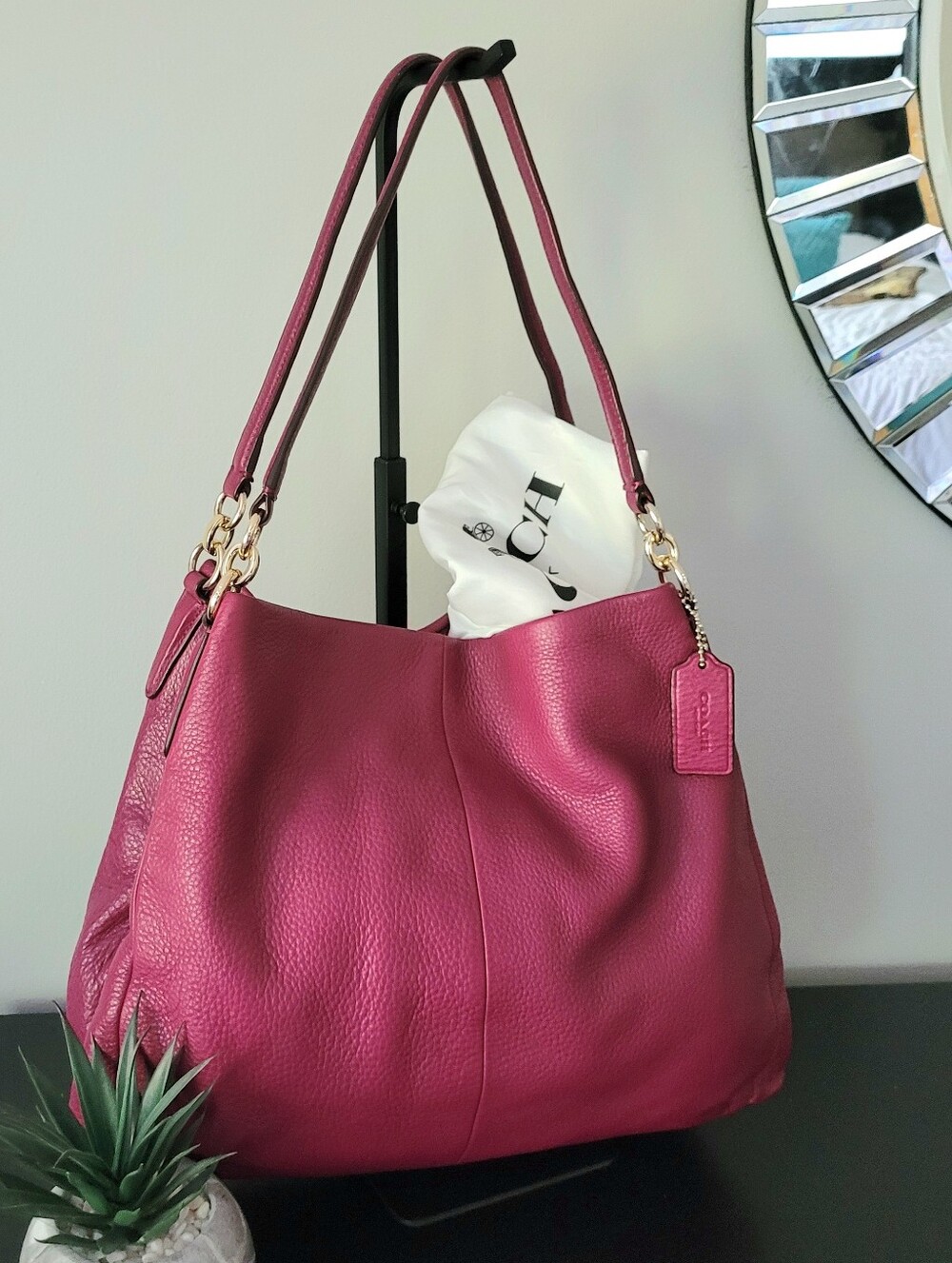 Coach Pebbled Leather Shoulder Bag in Raspberry